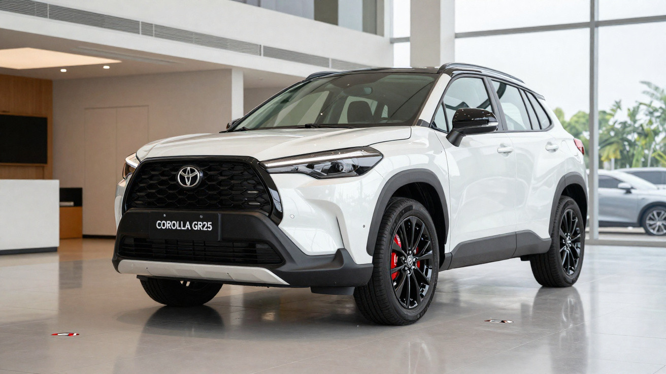 White Toyota Corolla GR25 SUV with black roof and red brake calipers in modern showroom interior