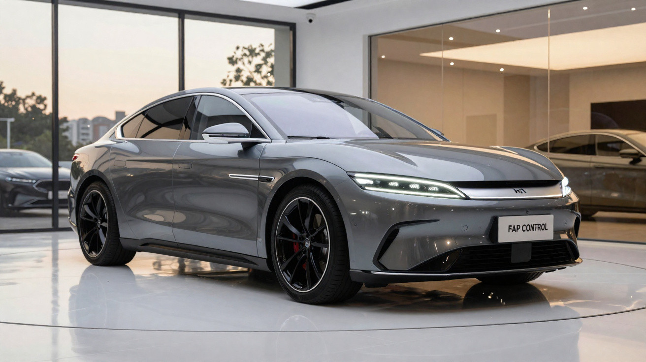 Sleek grey electric car with modern LED headlights displayed in a bright showroom with large windows.