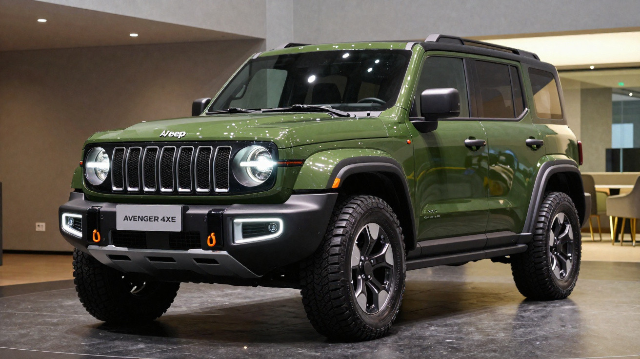 Green Jeep Avenger 4XE SUV displayed indoors with LED headlights and rugged tyres.