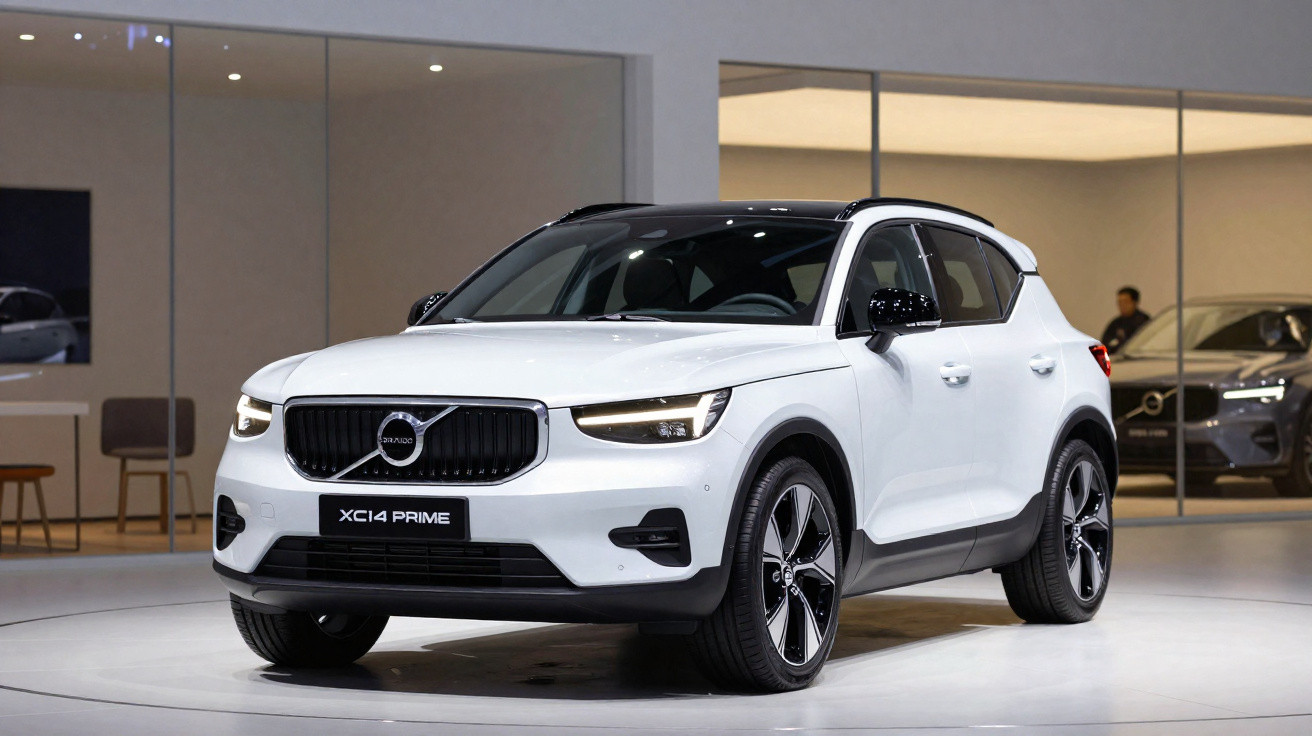 White Volvo XC14 Prime concept car displayed in showroom with modern design and black roof.