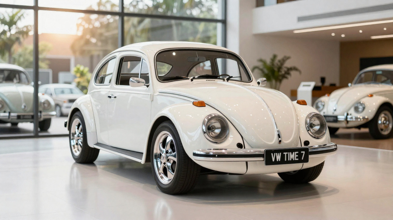 White vintage Volkswagen Beetle displayed indoors with polished chrome wheels and a black license plate reading VW TIME 7