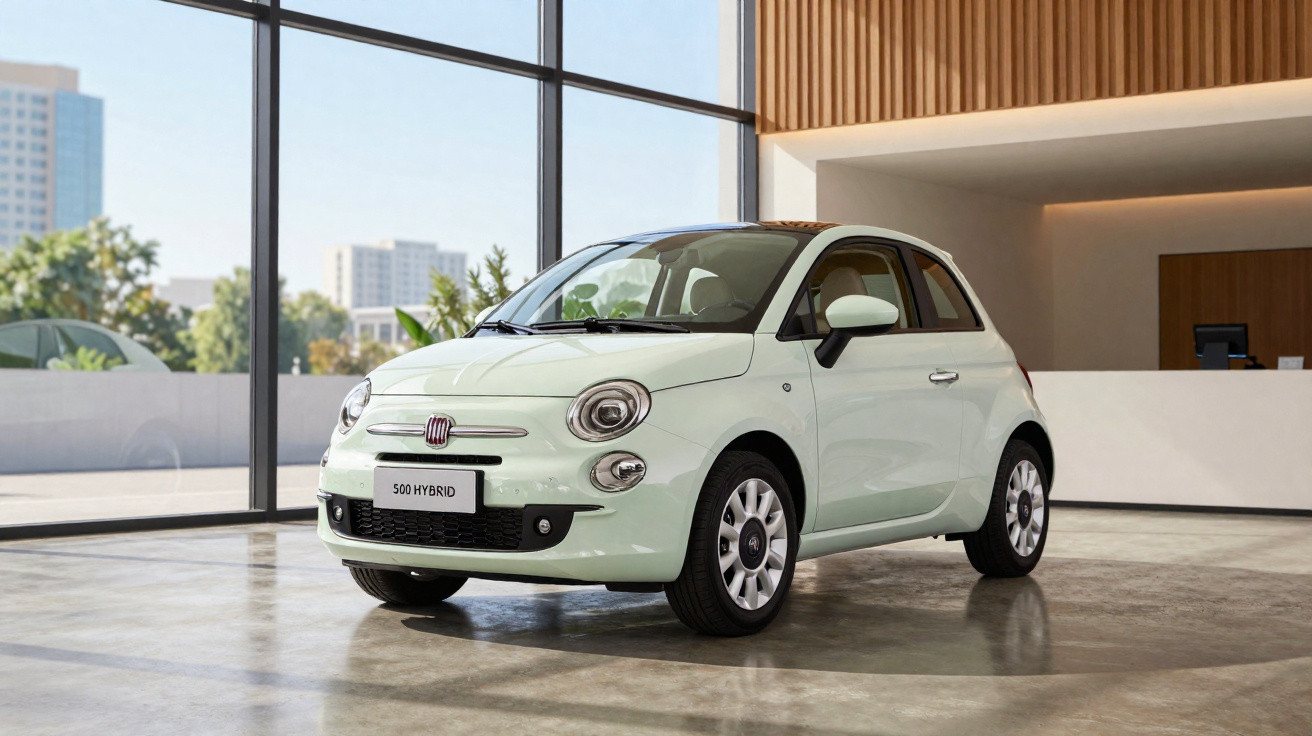 White Fiat 500 Hybrid compact car displayed indoors with large windows and cityscape background.