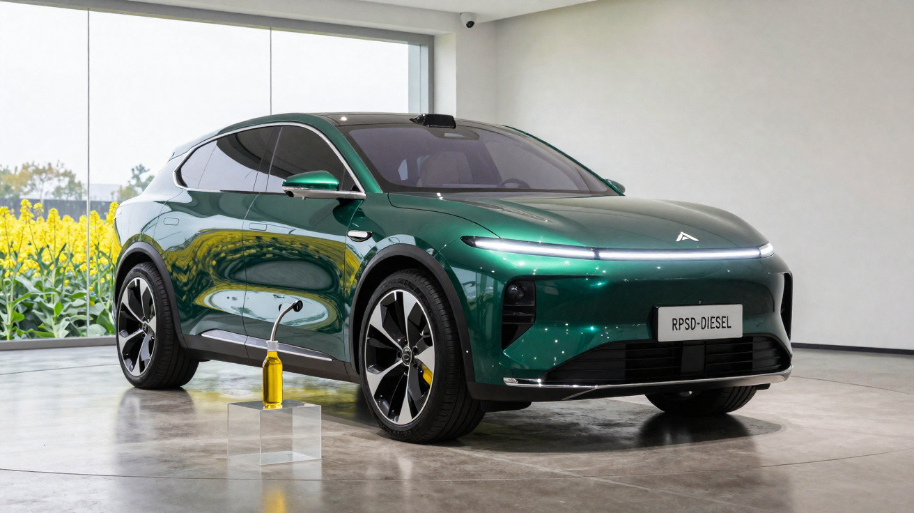 Green electric SUV on display indoors with a charging station beside it and a large window showing a yellow flower field.