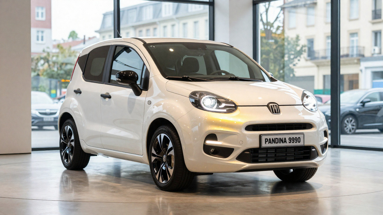 White compact city car displayed indoors with modern buildings visible through glass windows.