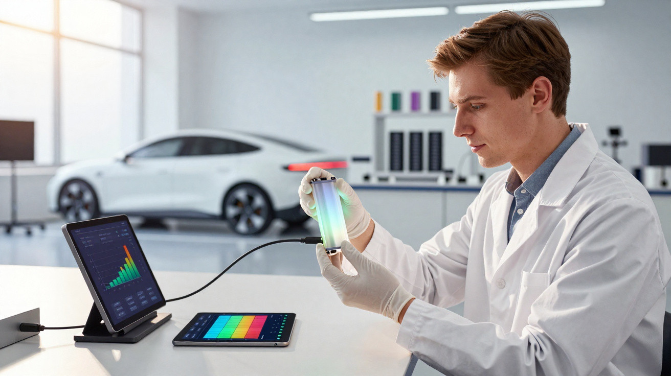 Scientist in lab coat analysing battery with connected tablet and computer, electric car in background.