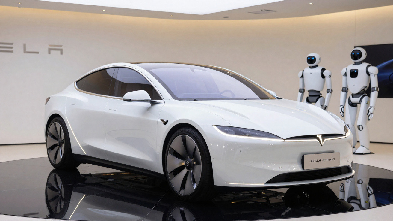 White Tesla electric car displayed indoors with two humanoid robots in the background.
