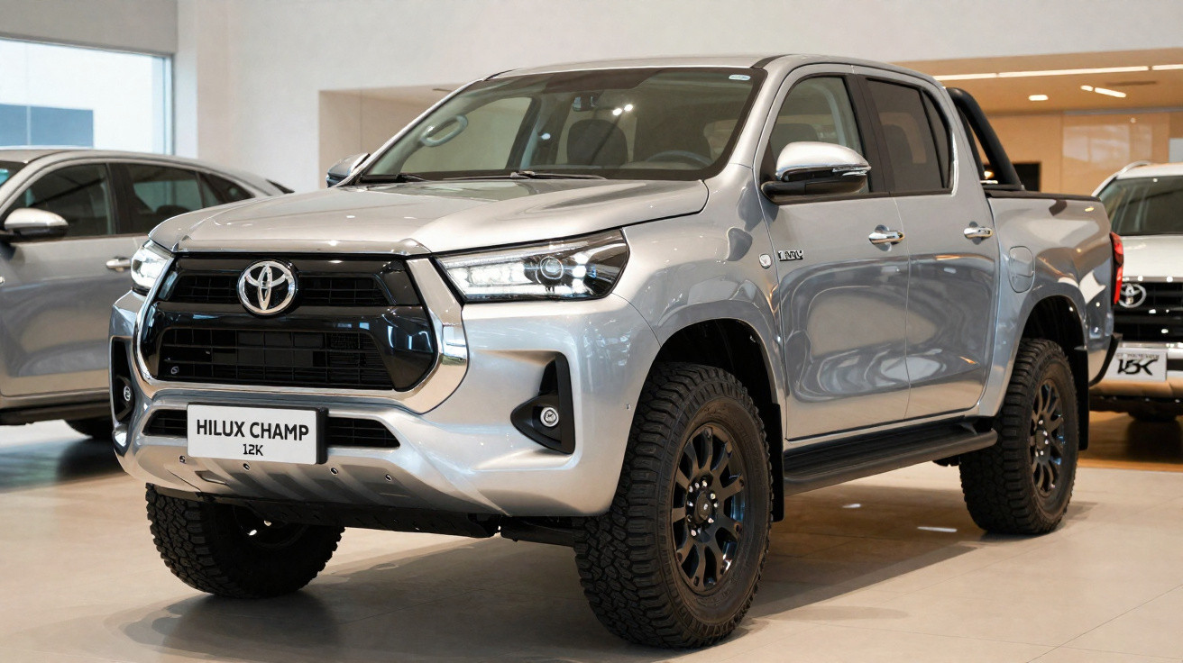 Silver Toyota Hilux Champ 12K pickup truck displayed in a showroom with off-road tyres.
