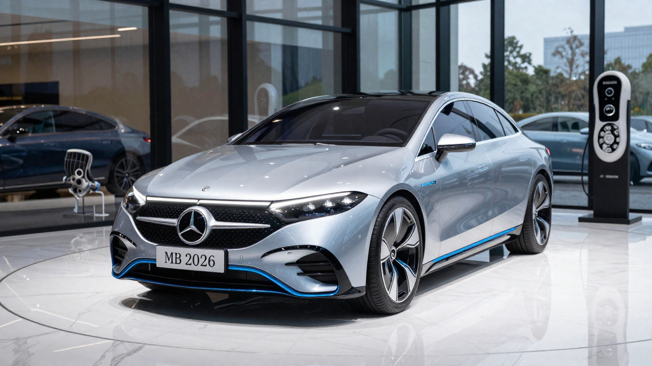 Silver Mercedes-Benz electric car displayed indoors with charging station in the background.
