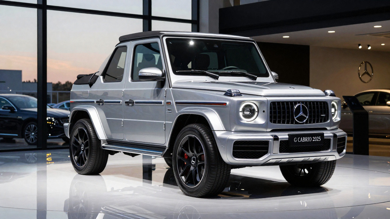 Silver Mercedes-Benz G Cabrio 2025 on display in a showroom with black wheels and modern lighting.