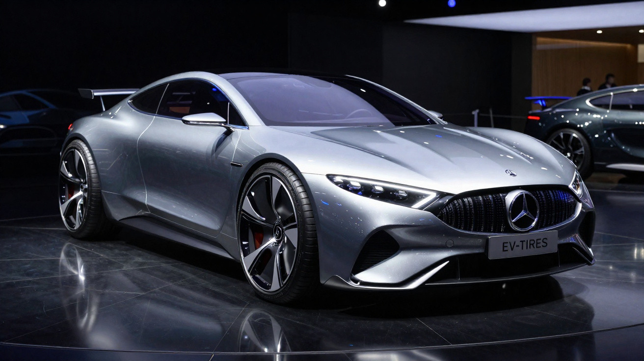 Silver Mercedes-Benz electric sports car displayed on a shiny black floor at an auto show.