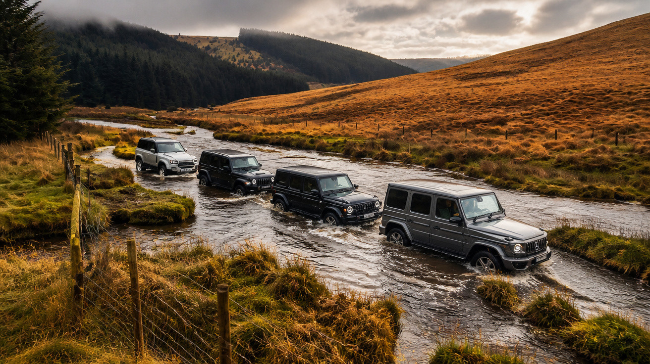 Four off-road SUVs driving through a shallow river in a grassy, hilly countryside under a cloudy sky.
