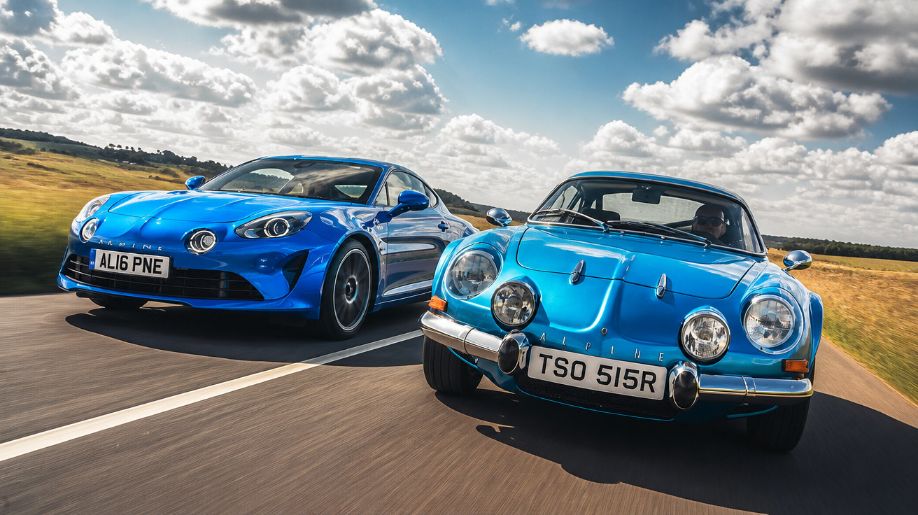 Two blue Alpine sports cars, one classic and one modern, driving side by side on a country road under a cloudy sky.
