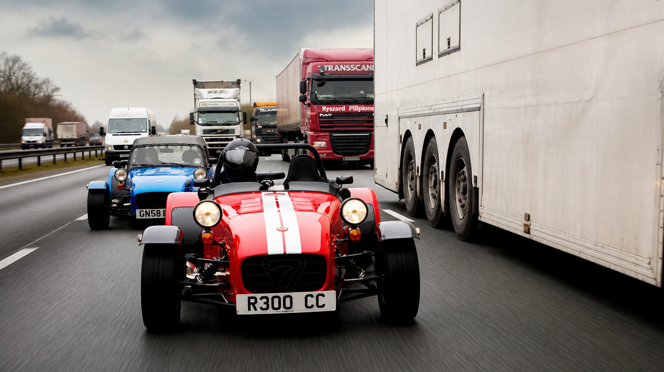 Two vintage roadsters, red and blue, driving on a motorway alongside trucks and vans on a cloudy day.