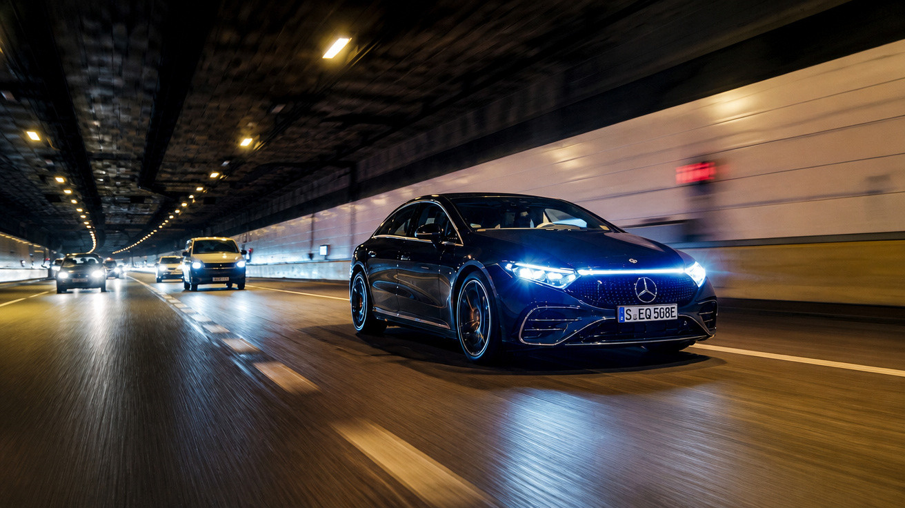 Black Mercedes-Benz sedan driving fast inside a dimly lit tunnel at night with other vehicles behind.