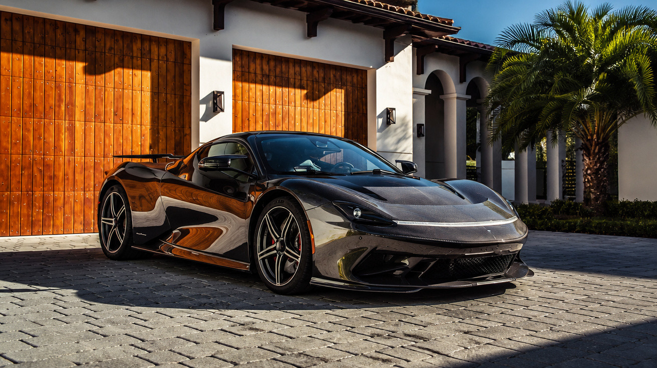 Black luxury sports car parked on a stone driveway in front of a modern house with wooden garage doors.