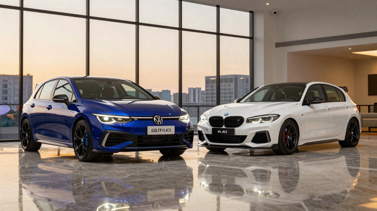 Blue Volkswagen Golf R and white BMW M135i parked indoors on a polished floor with cityscape background.
