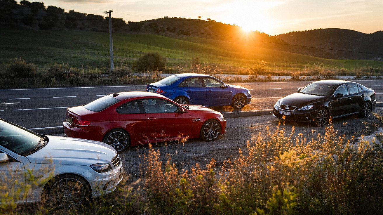 Four parked cars in a rural area at sunset with hills and greenery in the background.