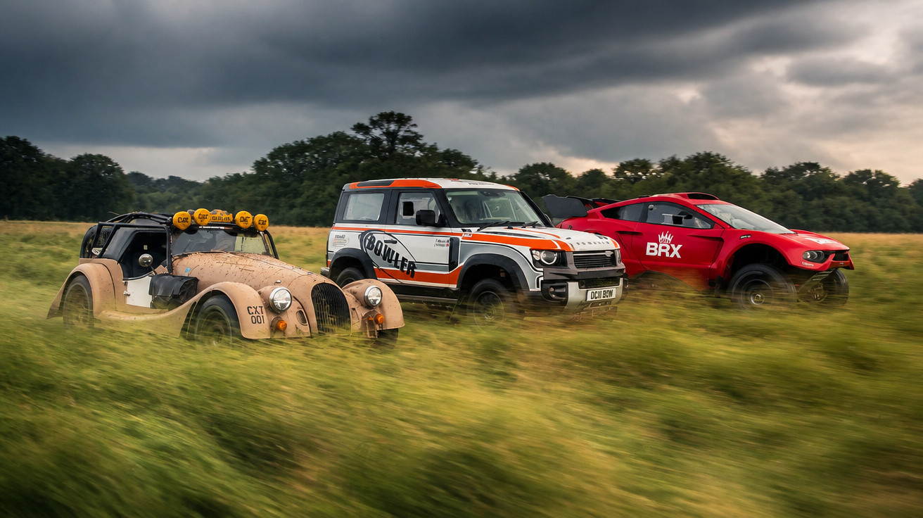 Three off-road vehicles including a vintage car, a white and orange 4x4, and a red SUV in a grassy field.