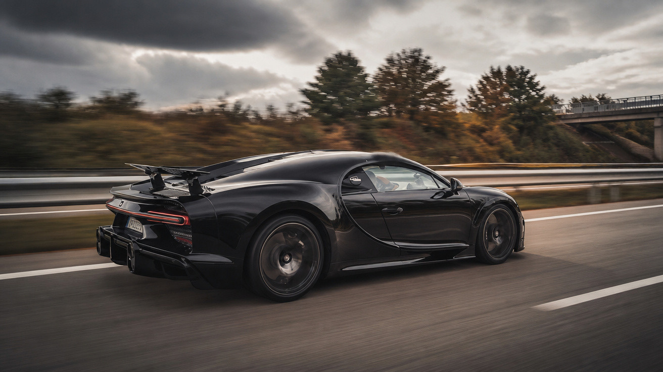 Black sports car speeding on motorway under cloudy sky with autumn trees in the background