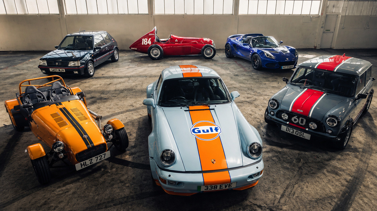 Collection of six classic and sports cars displayed indoors with various vivid colours and racing stripes.