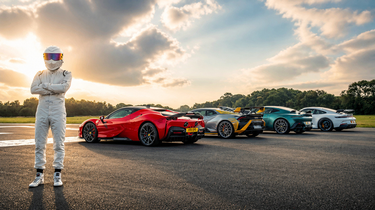 Race car driver in white suit and helmet stands beside four sports cars parked on open tarmac under a cloudy sky.