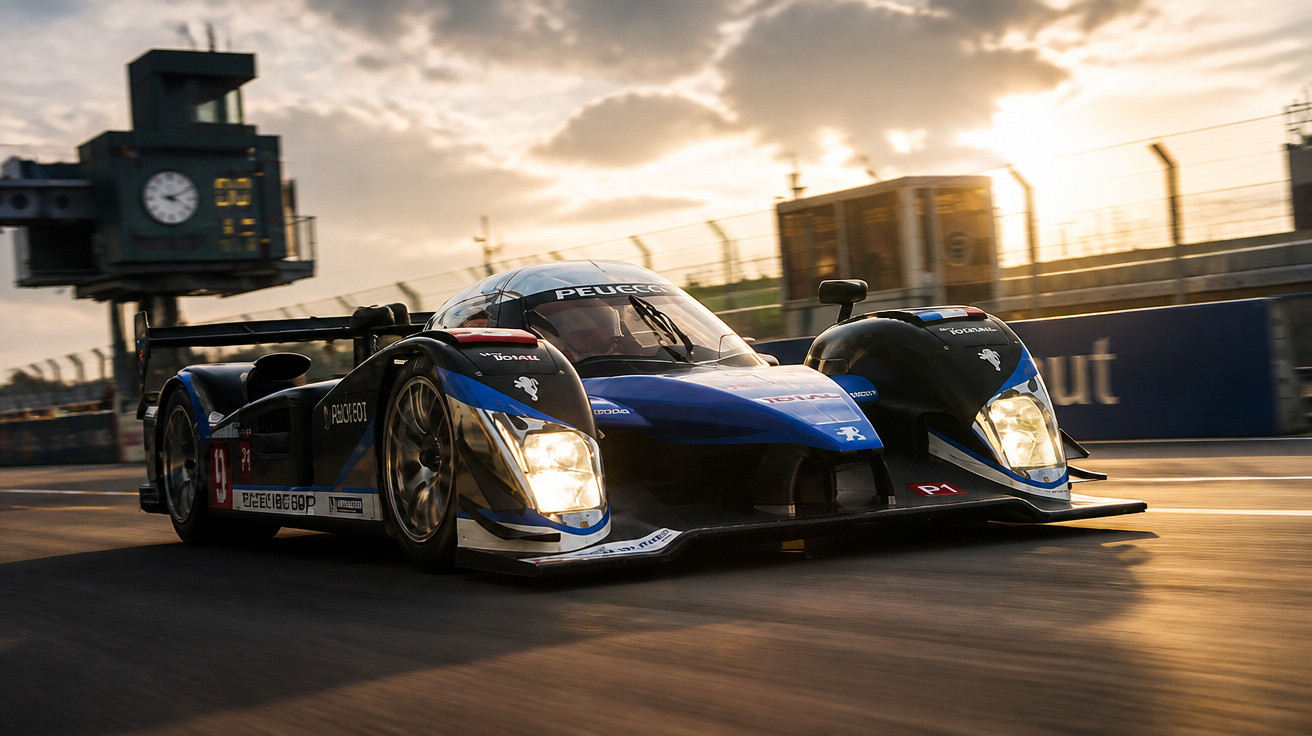 Peugeot 908 race car driving on track at sunset with a digital clock tower in the background.