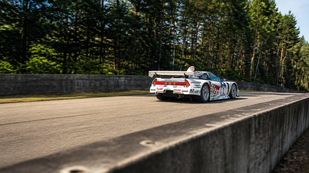 White racing car with sponsorship decals speeding on a forest-lined track with barriers on both sides