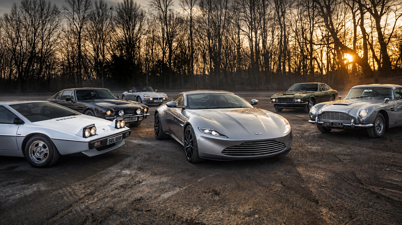 Six classic and modern Aston Martin cars parked on dirt with bare trees and sunset in the background.