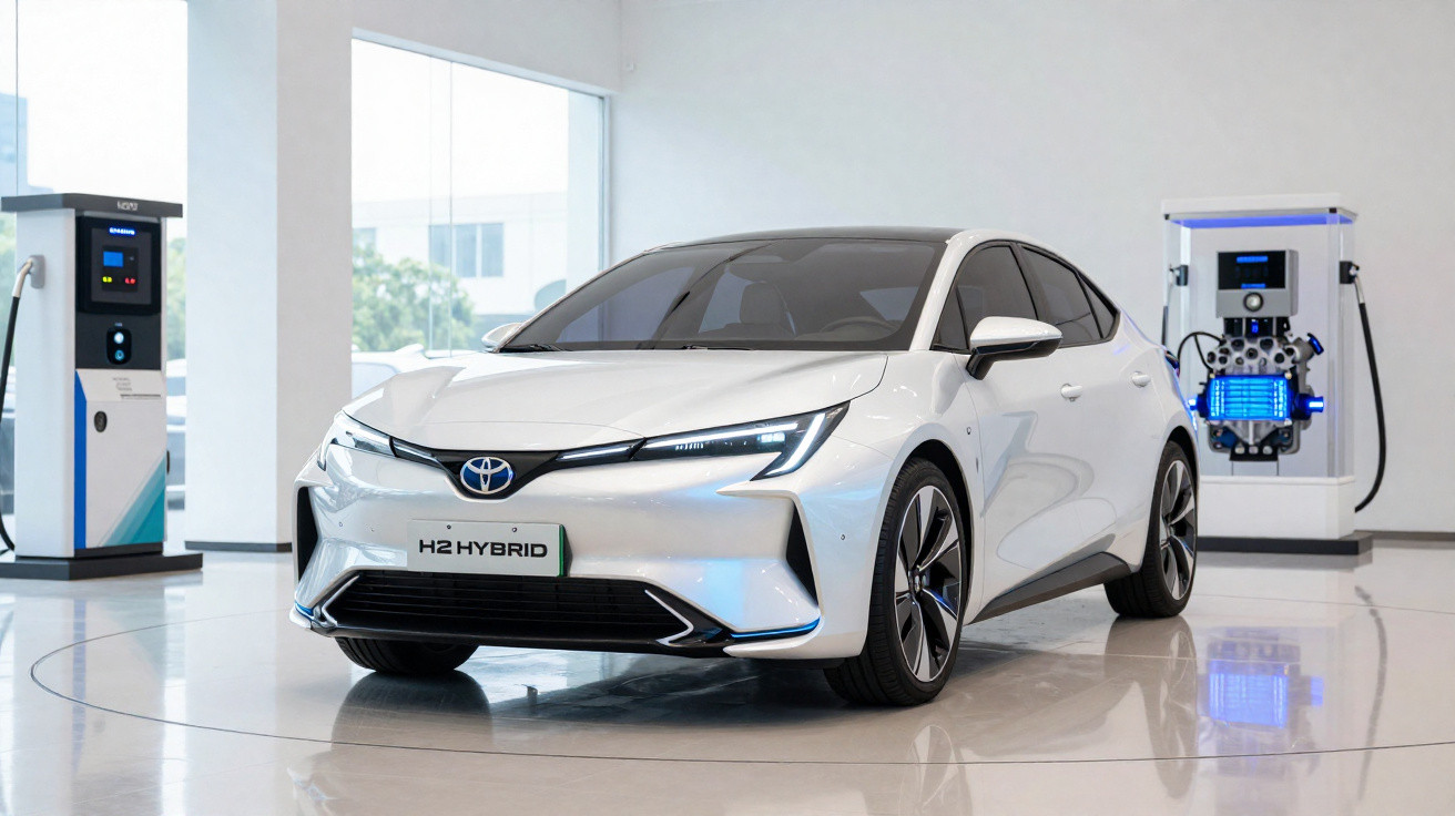 White Toyota hybrid car displayed indoors with hydrogen fuel pumps in the background.