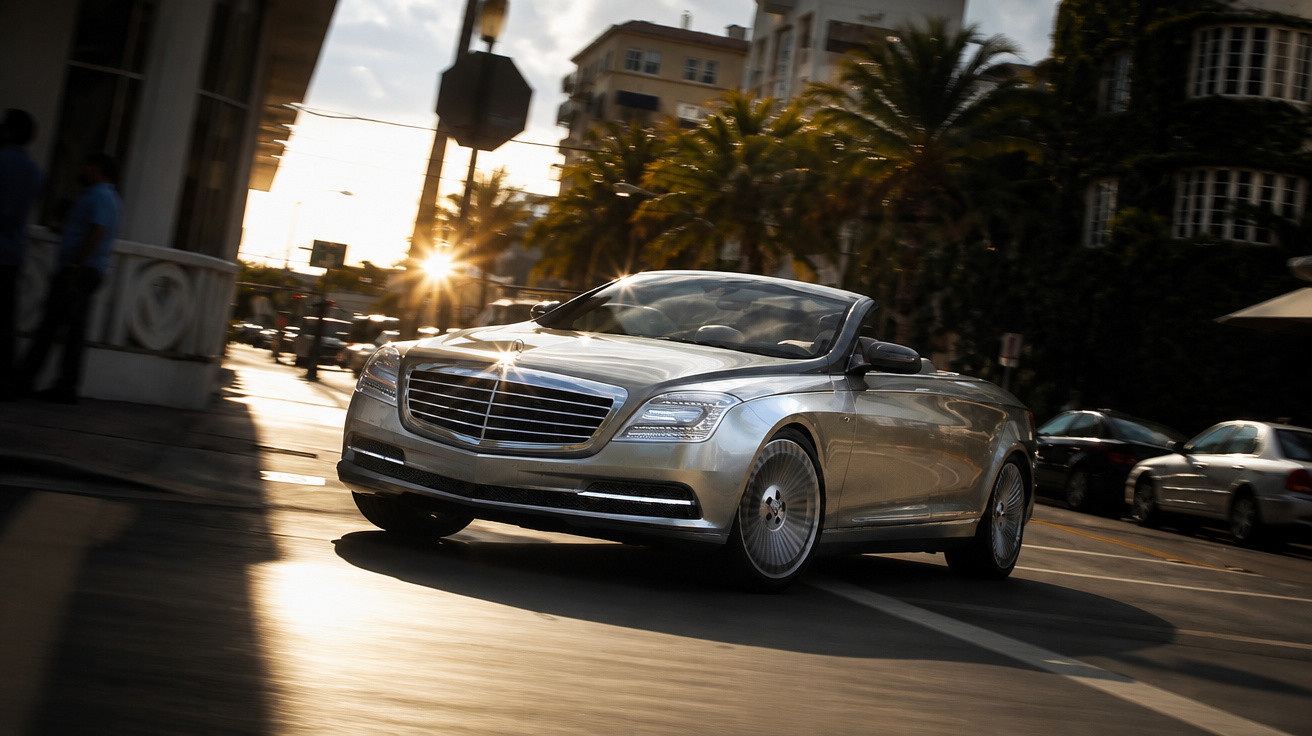 Silver Mercedes-Benz convertible driving on a sunlit city street with palm trees and buildings in the background.