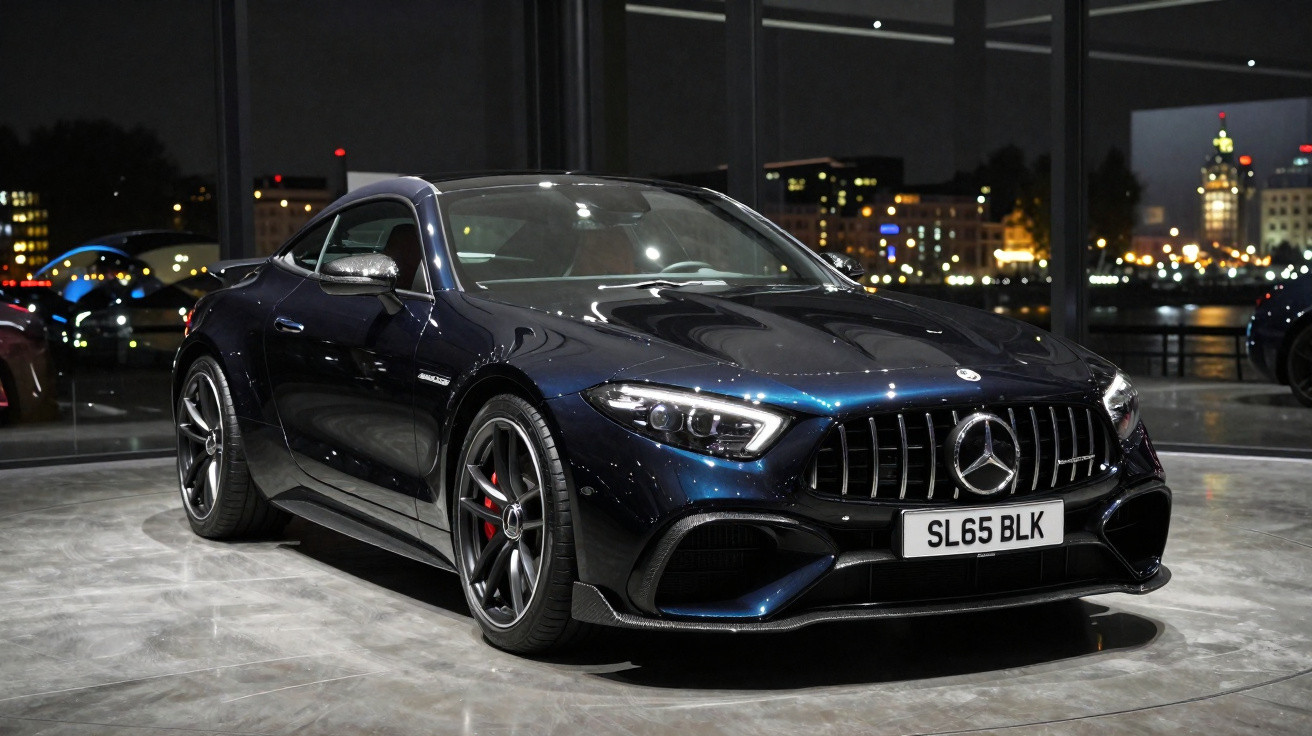 Dark blue Mercedes-Benz sports car displayed indoors with city lights visible through large windows at night.
