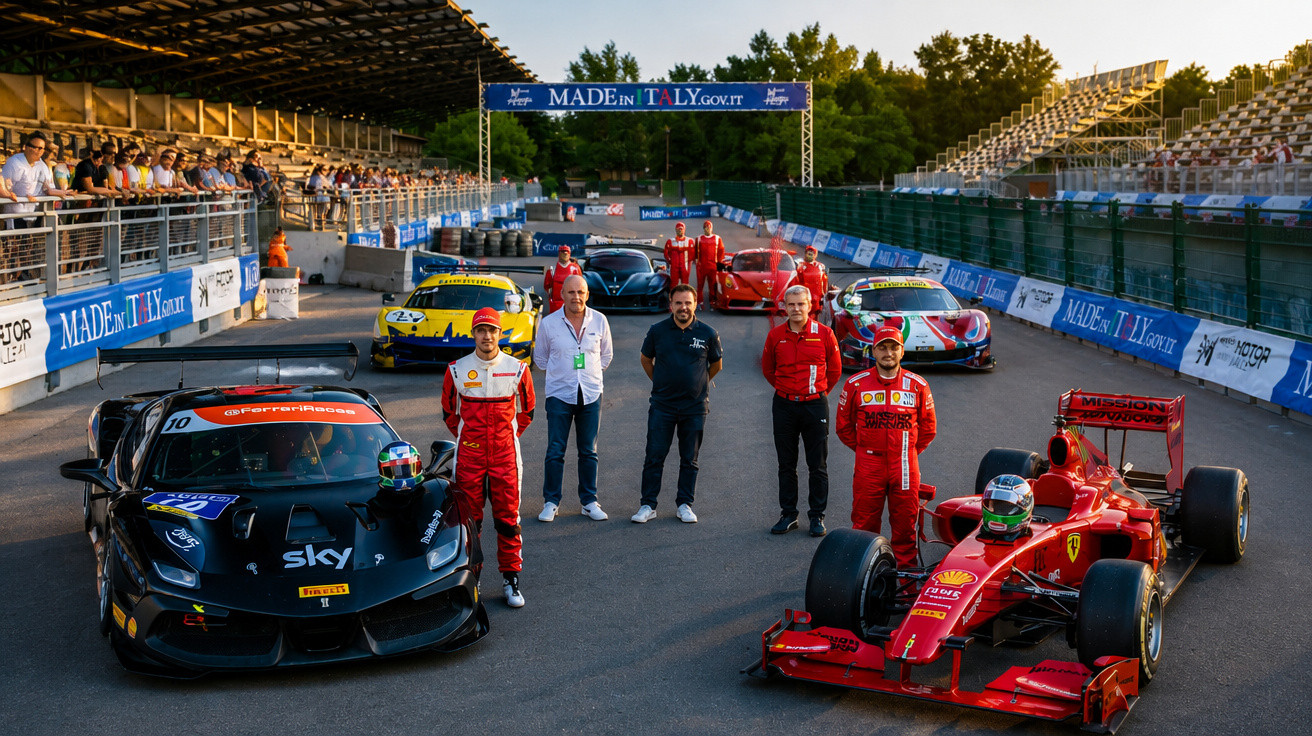 Race drivers and team members standing with Ferrari race cars on a track under a Made in Italy banner.