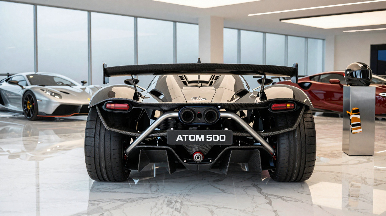 Rear view of a black Atom 500 sports car in a modern showroom with other cars and a helmet nearby.