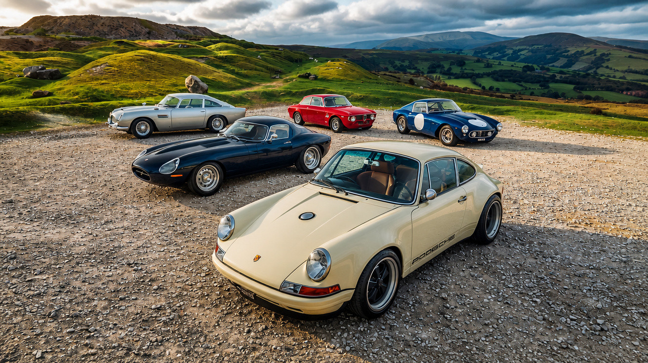 Five classic sports cars parked on a gravel area with green hills and mountains in the background.