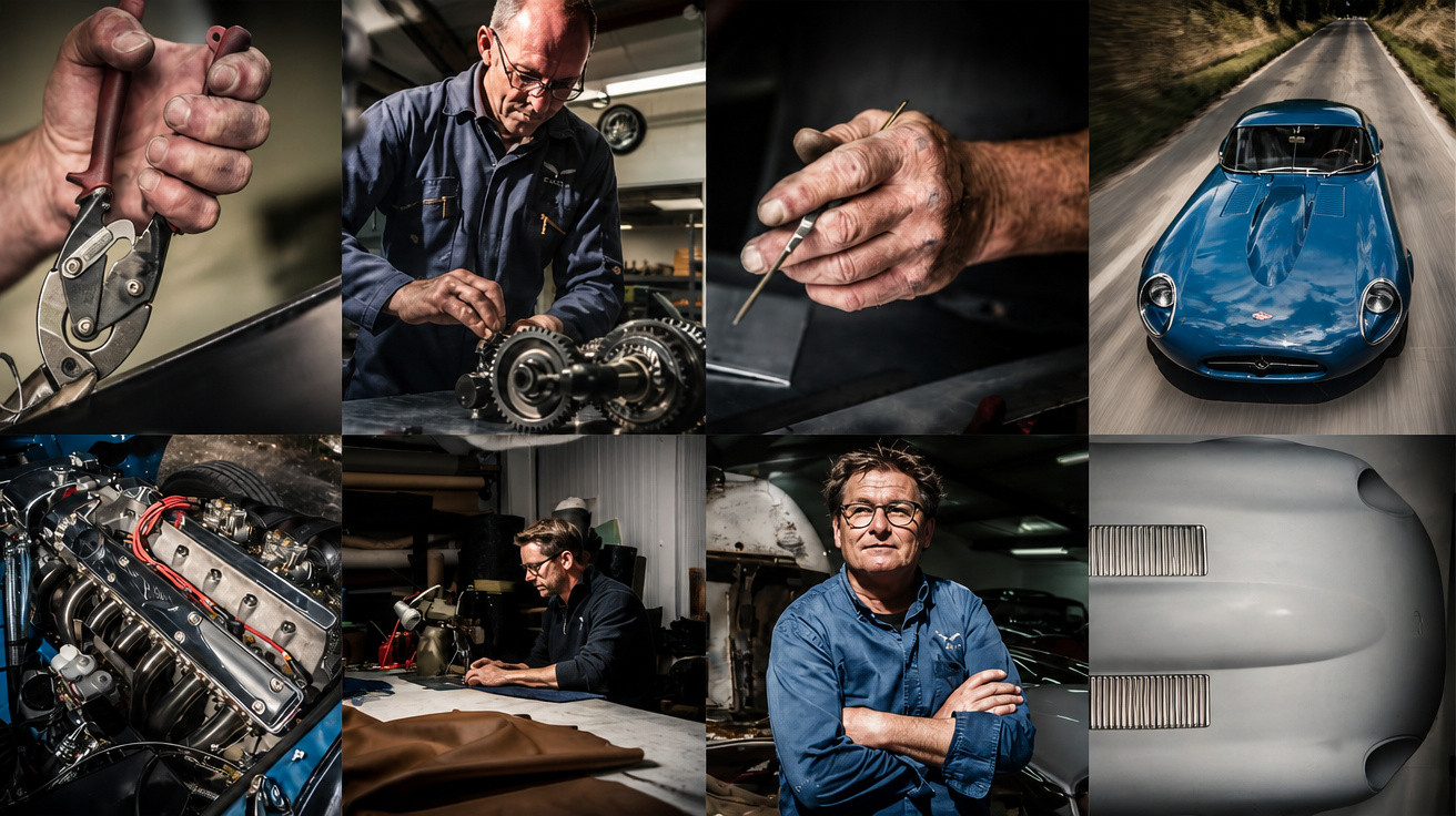 Collage of a mechanic restoring a classic blue sports car, showing tools, engine, leatherwork, and the finished vehicle.