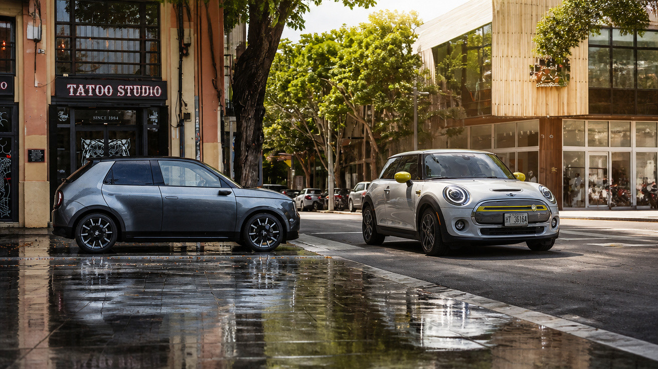 Two compact cars parked on a wet street near a tattoo studio with trees and buildings in the background.