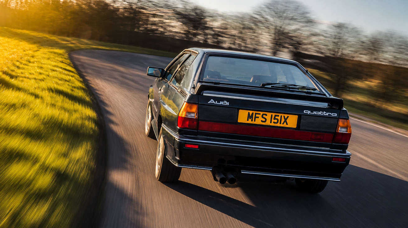 Black Audi Quattro driving on a sunlit winding country road with blurred background motion.