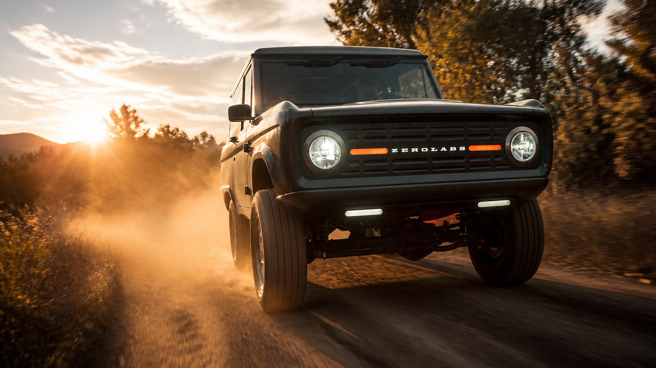 Black Zerolabs off-road vehicle driving on a dusty dirt road at sunset surrounded by trees.