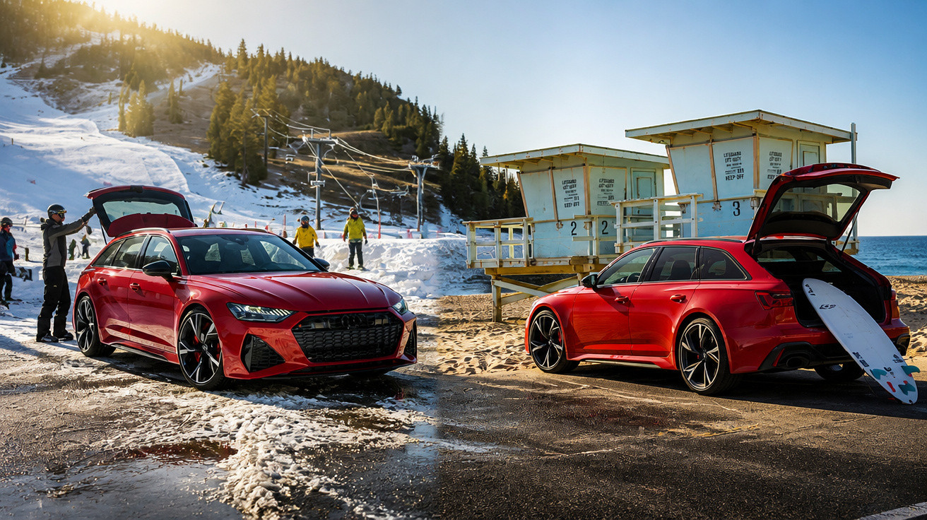 Two red sports wagons with open trunks, one on a snowy mountain road and the other on a sunny beach near lifeguard towers.