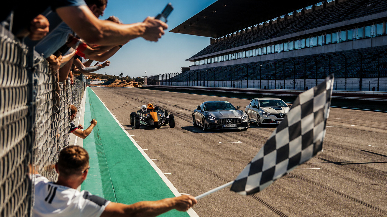 Spectators capture the finish of three racing cars speeding past as a person waves a checkered flag on a sunny racetrack.