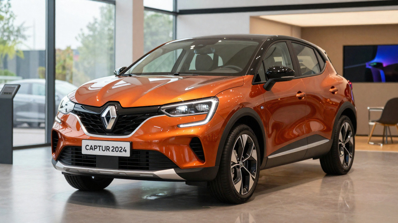 2024 Renault Captur orange compact SUV displayed indoors with modern design and LED headlights.