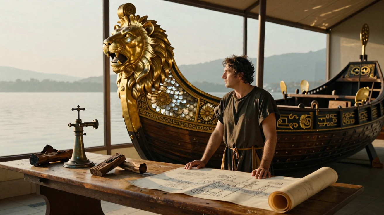 Man studying architectural plans by a wooden boat with a gilded lion figurehead by a large window.