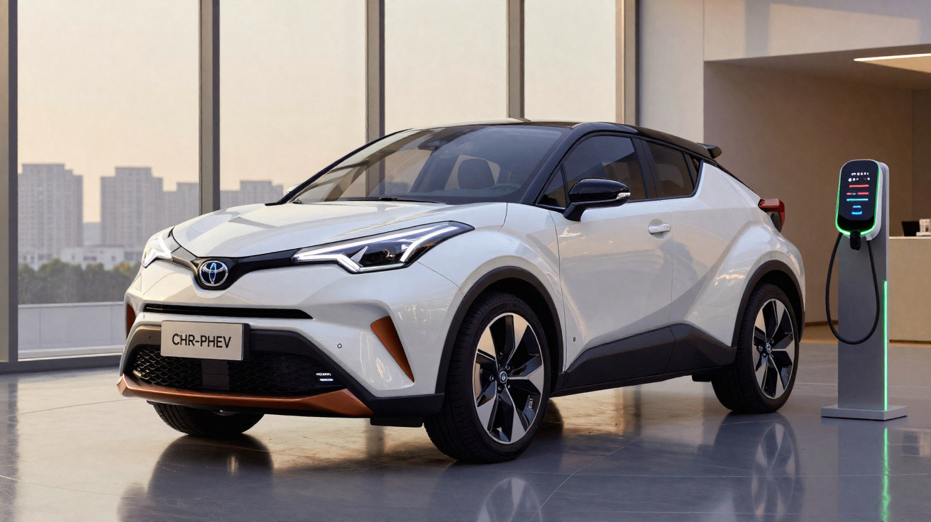White Toyota C-HR PHEV parked indoors next to an electric vehicle charging station.