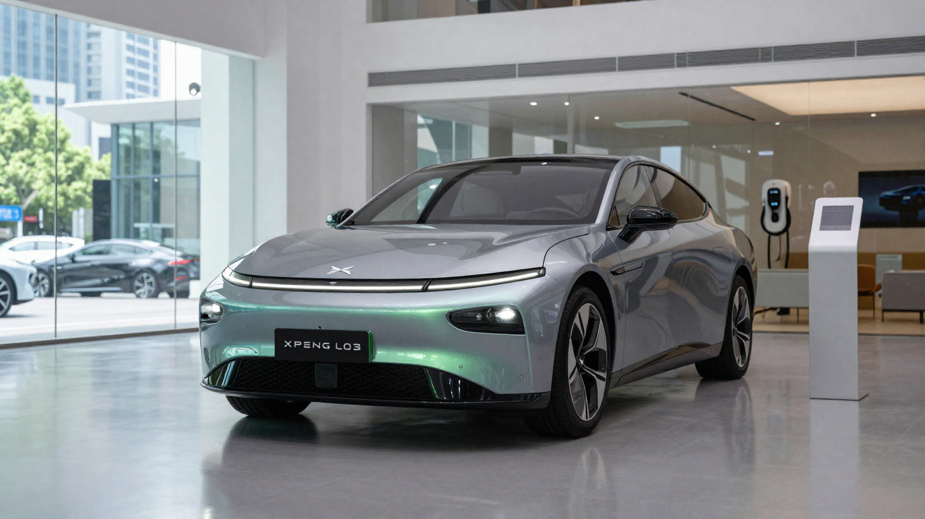 Silver XPeng L03 electric car displayed in a modern showroom with charging station and cityscape outside.