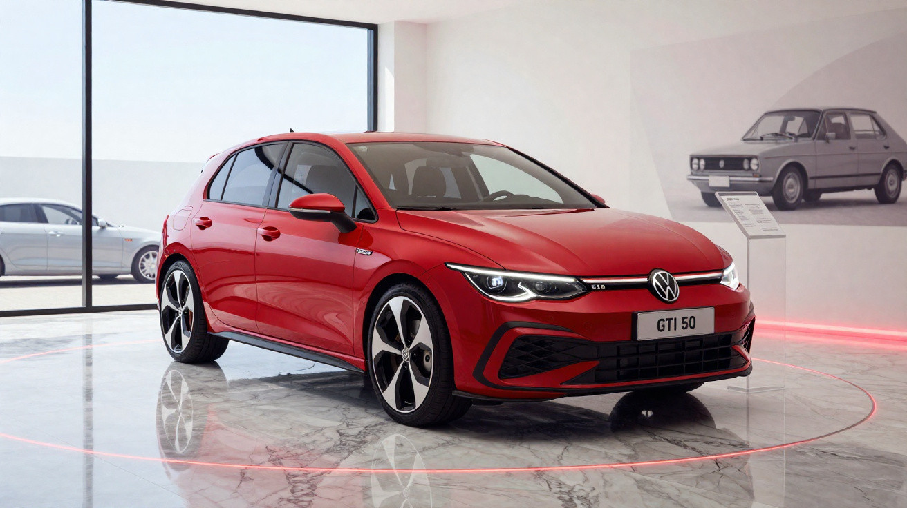 Red Volkswagen GTI 50 hatchback displayed in a modern showroom with marble flooring and car illustrations on the walls.