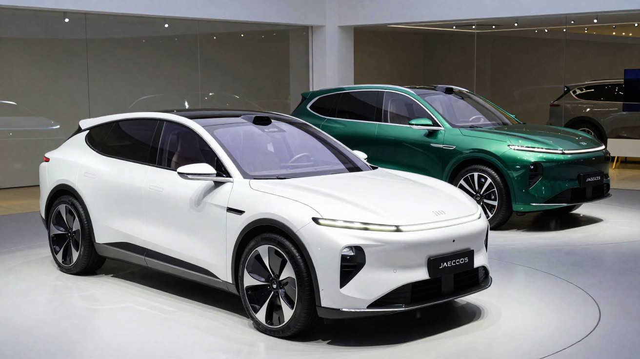 Two modern electric SUVs, one white and one green, displayed in a well-lit indoor showroom.