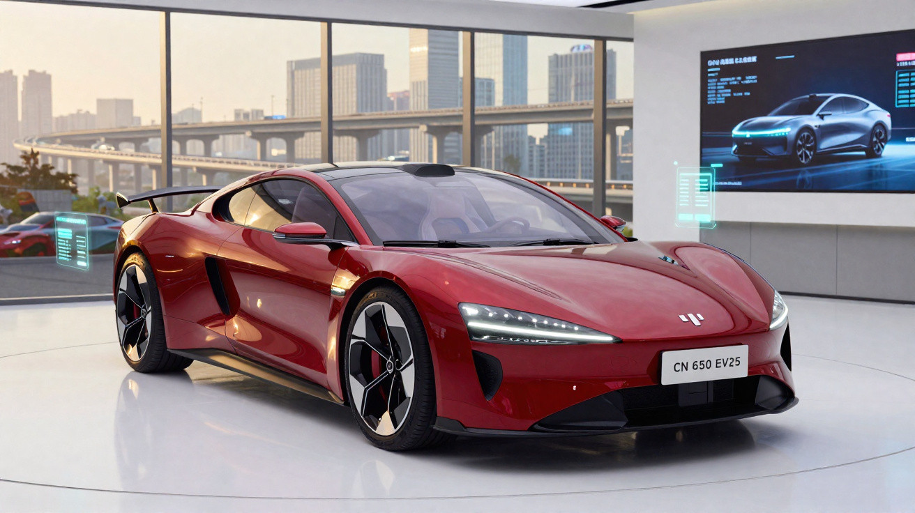 Red futuristic electric sports car on display with city skyline visible through large windows.