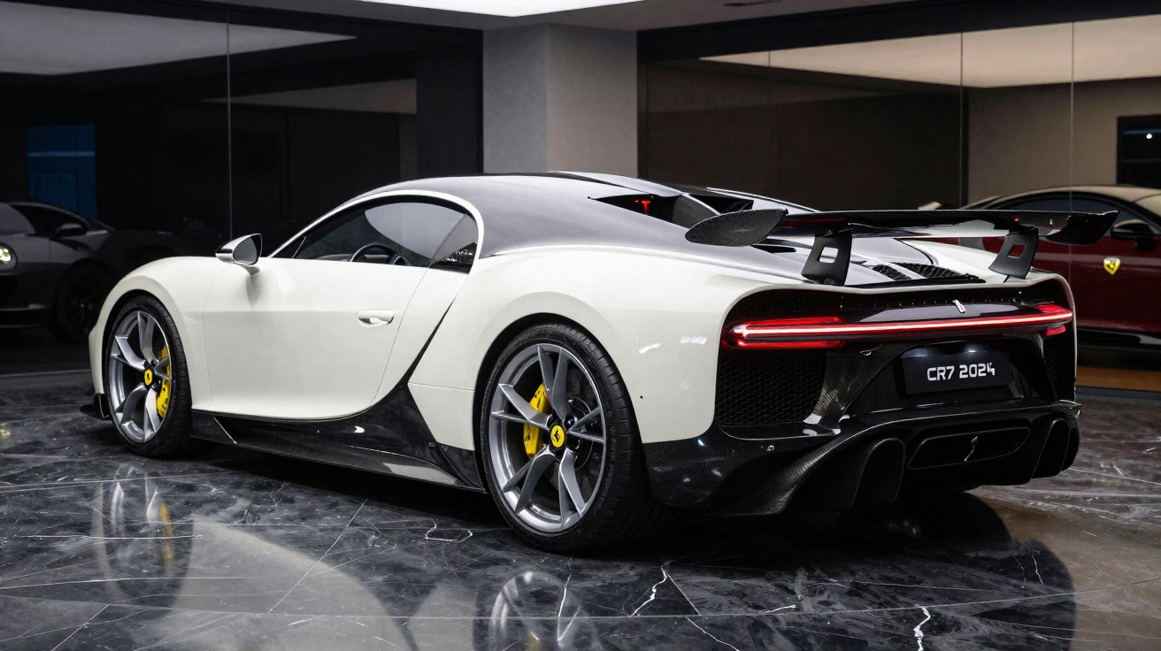 White and black luxury sports car with rear spoiler parked on polished marble floor in a showroom.