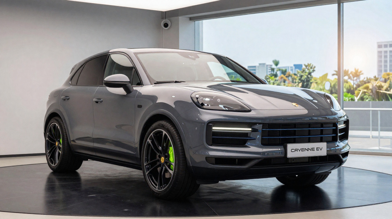 Grey Porsche Cayenne EV on display in a showroom with large windows and cityscape view outside.