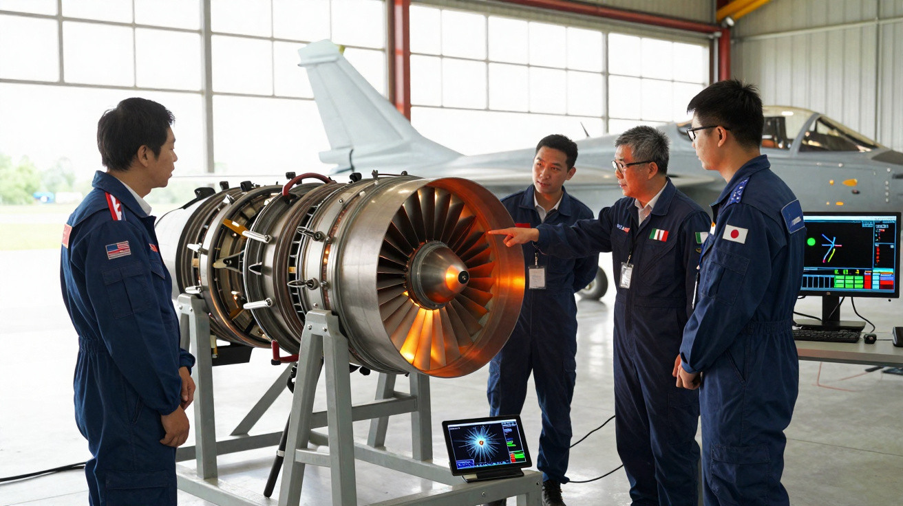 Four engineers in jumpsuits inspecting a running jet engine inside an aircraft hangar.
